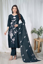 Premium Charcoal Black Floral Embroidered Vertical Cotton Suit Set