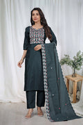 Premium Dark Green Embroidered Vertical Cotton Suit Set with Scalloped Dupatta