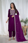 Premium Deep Purple Embroidered Vertical Cotton Suit Set with Scalloped Dupatta