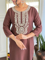 Premium Chocolate Brown Embroidered Cotton Blend Suit Set with Jacquard Dupatta