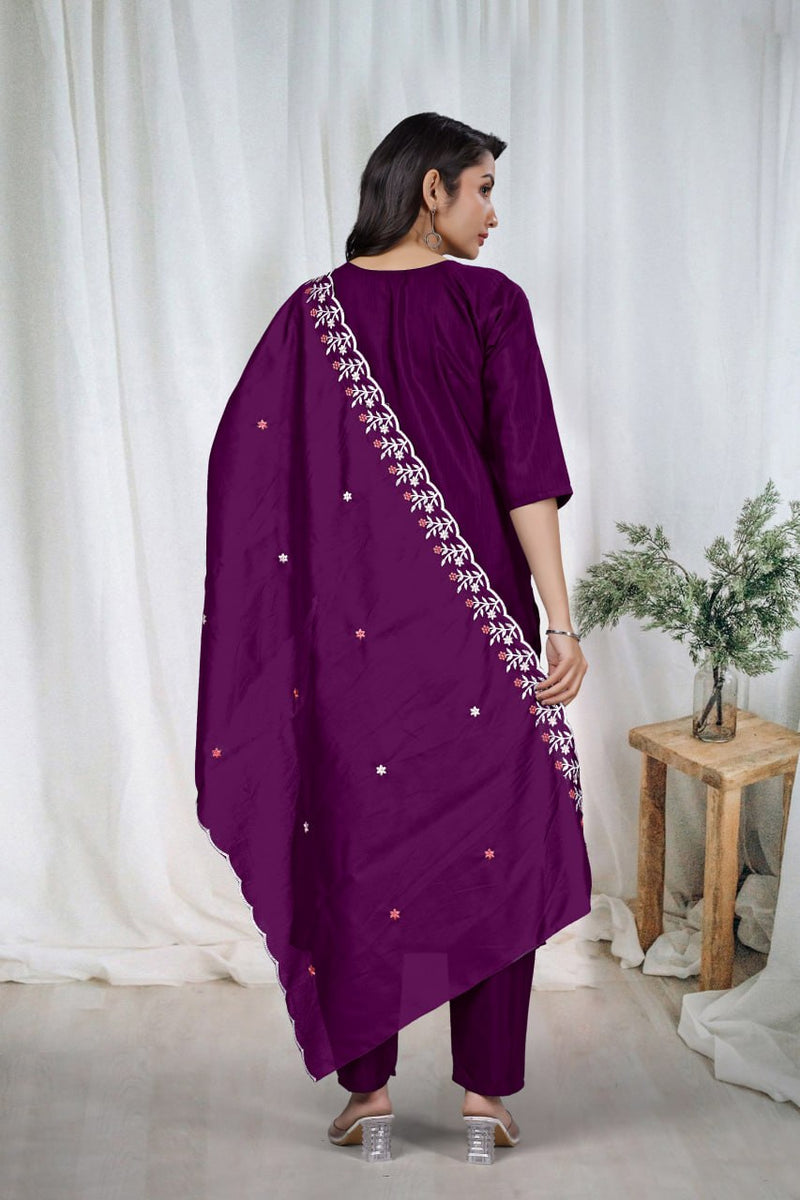 Premium Deep Purple Embroidered Vertical Cotton Suit Set with Scalloped Dupatta