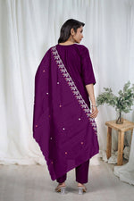 Premium Deep Purple Embroidered Vertical Cotton Suit Set with Scalloped Dupatta