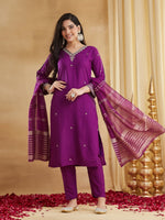 Premium Deep Purple Embroidered Viscose Rayon Suit Set with Chanderi Jacquard Dupatta