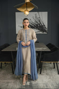 Premium Beige & Blue Embroidered Chanderi Silk Suit Set with Chinon Dupatta