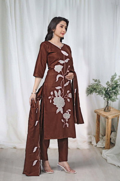 Premium Chocolate Brown Floral Embroidered Vertical Cotton Suit Set
