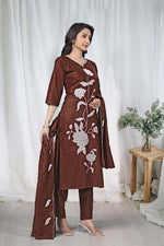 Premium Chocolate Brown Floral Embroidered Vertical Cotton Suit Set