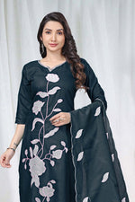 Premium Charcoal Black Floral Embroidered Vertical Cotton Suit Set