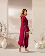 Premium Deep Maroon Geometric Embroidered Kurti & Pant Set with Dupatta