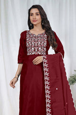 Premium Maroon Embroidered Vertical Cotton Suit Set with Scalloped Dupatta