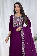 Premium Deep Purple Embroidered Vertical Cotton Suit Set with Scalloped Dupatta