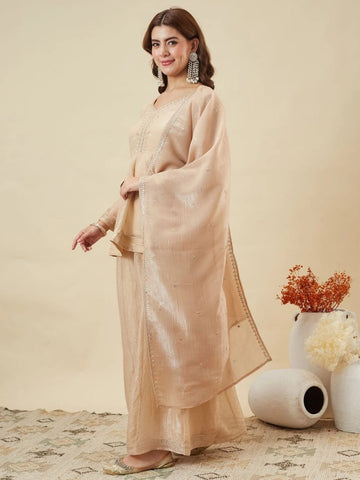Premium Embroidered Crunchy Silk Short Kurti & Palazzo Set