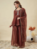Premium Brown Embroidered Crunchy Silk Peplum Kurti & Palazzo Set