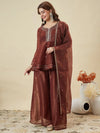 Premium Brown Embroidered Crunchy Silk Peplum Kurti & Palazzo Set