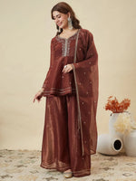 Premium Brown Embroidered Crunchy Silk Peplum Kurti & Palazzo Set