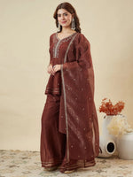 Premium Brown Embroidered Crunchy Silk Peplum Kurti & Palazzo Set