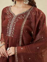 Premium Brown Embroidered Crunchy Silk Peplum Kurti & Palazzo Set