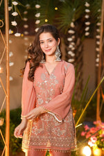 Premium Peach Embroidered Crunchy Silk Short Kurti & Pant Set