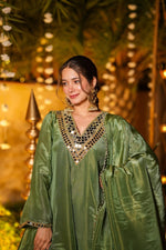 Premium Olive Green Mirror Work CP Vichitra Peplum Kurti & Palazzo Set