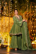 Premium Olive Green Mirror Work CP Vichitra Peplum Kurti & Palazzo Set