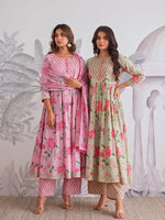 Premium Pista Green Floral Jaipuri Cotton Flared Anarkali Suit Set