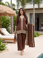 Premium Chocolate Brown CP Vichitra Silk Sequence Work Kurti & Pant Set