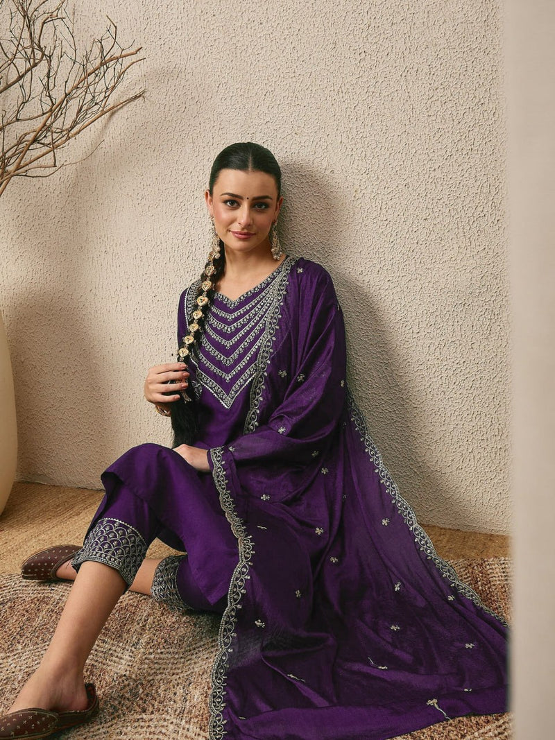 Premium Embroidered Roman Silk Suit Set with Scalloped Dupatta