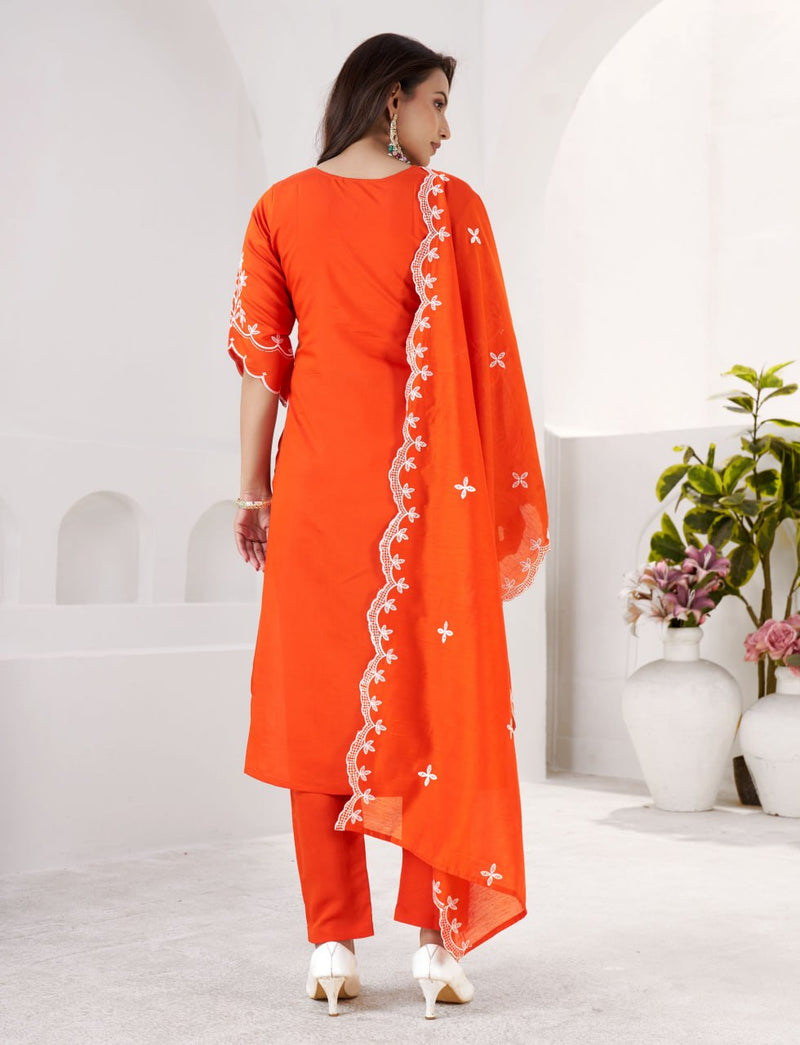 Premium Teal Blue Embroidered Roman Silk Suit Set with Chanderi Dupatta