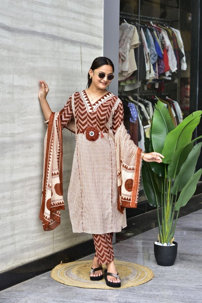 Premium Rust Brown Zik-Zek Print Jaipur Cotton Kurti Pant & Dupatta Set