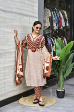 Premium Rust Brown Zik-Zek Print Jaipur Cotton Kurti Pant & Dupatta Set
