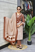 Premium Rust Brown Zik-Zek Print Jaipur Cotton Kurti Pant & Dupatta Set