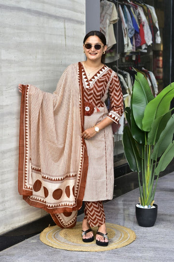 Premium Rust Brown Zik-Zek Print Jaipur Cotton Kurti Pant & Dupatta Set