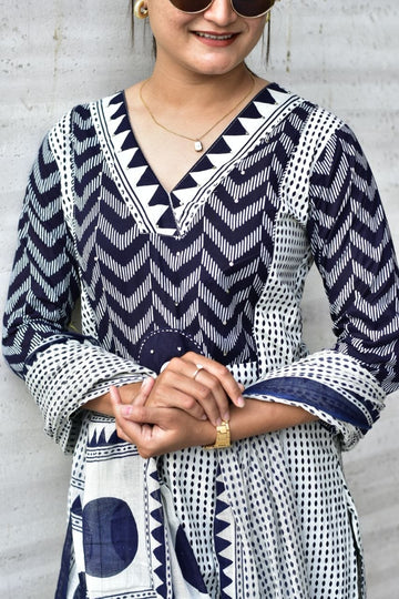 Premium Indigo Blue Zik-Zek Print Jaipur Cotton Kurti Pant & Dupatta Set