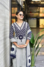 Premium Indigo Blue Zik-Zek Print Jaipur Cotton Kurti Pant & Dupatta Set