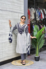 Premium Indigo Blue Zik-Zek Print Jaipur Cotton Kurti Pant & Dupatta Set