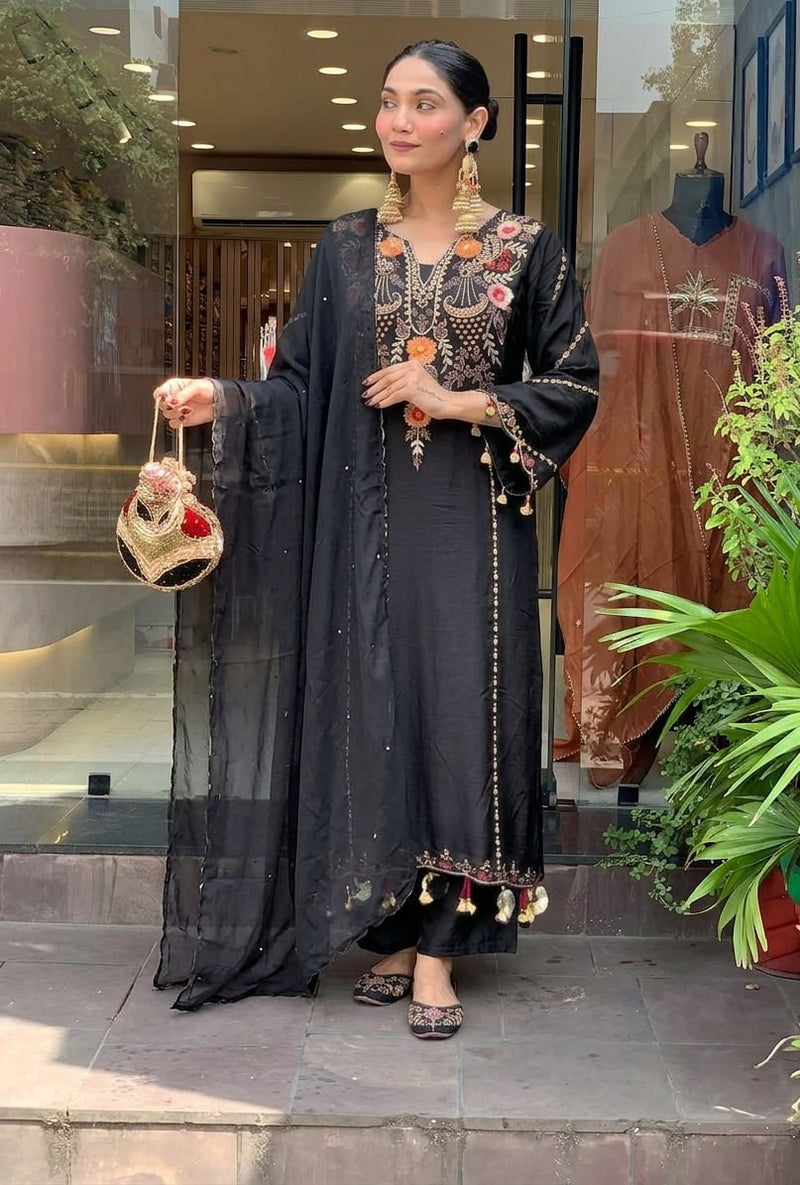 Premium Black Embroidered Cottan Lining Suit Set with Dupatta