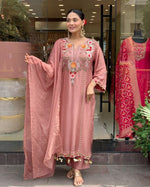 Premium Dusty Rose Pink Embroidered Cottan Lining Suit Set with Dupatta