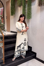 Premium Cream Mulberry Silk Bagru Print Kurti and Palazzo Set