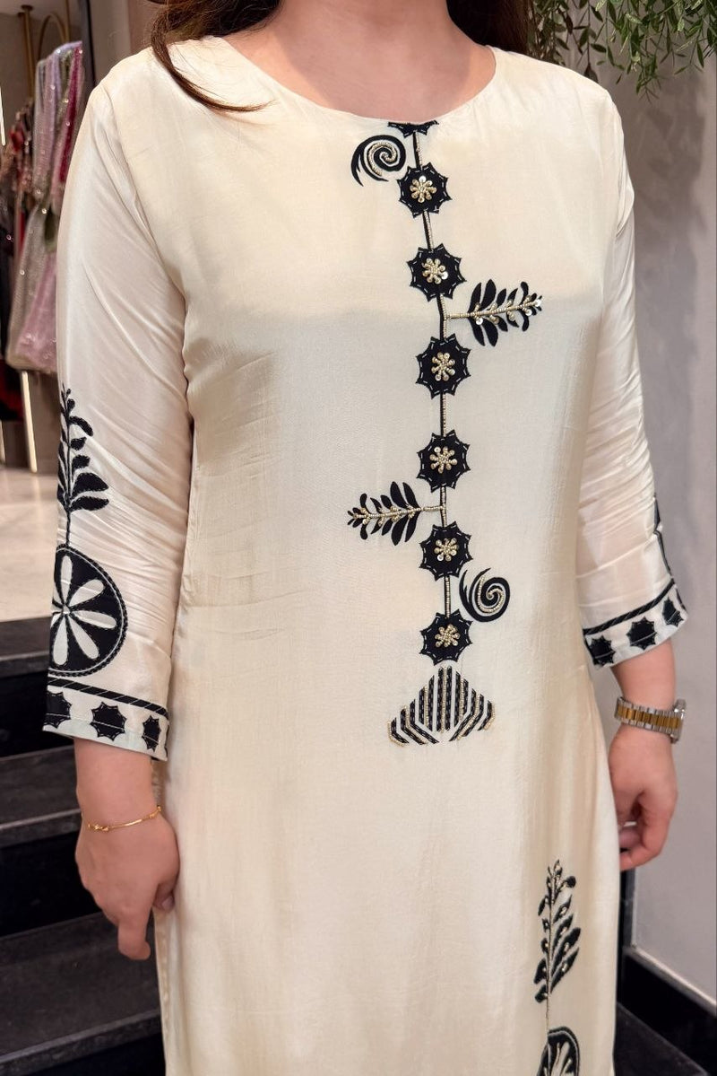 Premium Cream Mulberry Silk Bagru Print Kurti and Palazzo Set