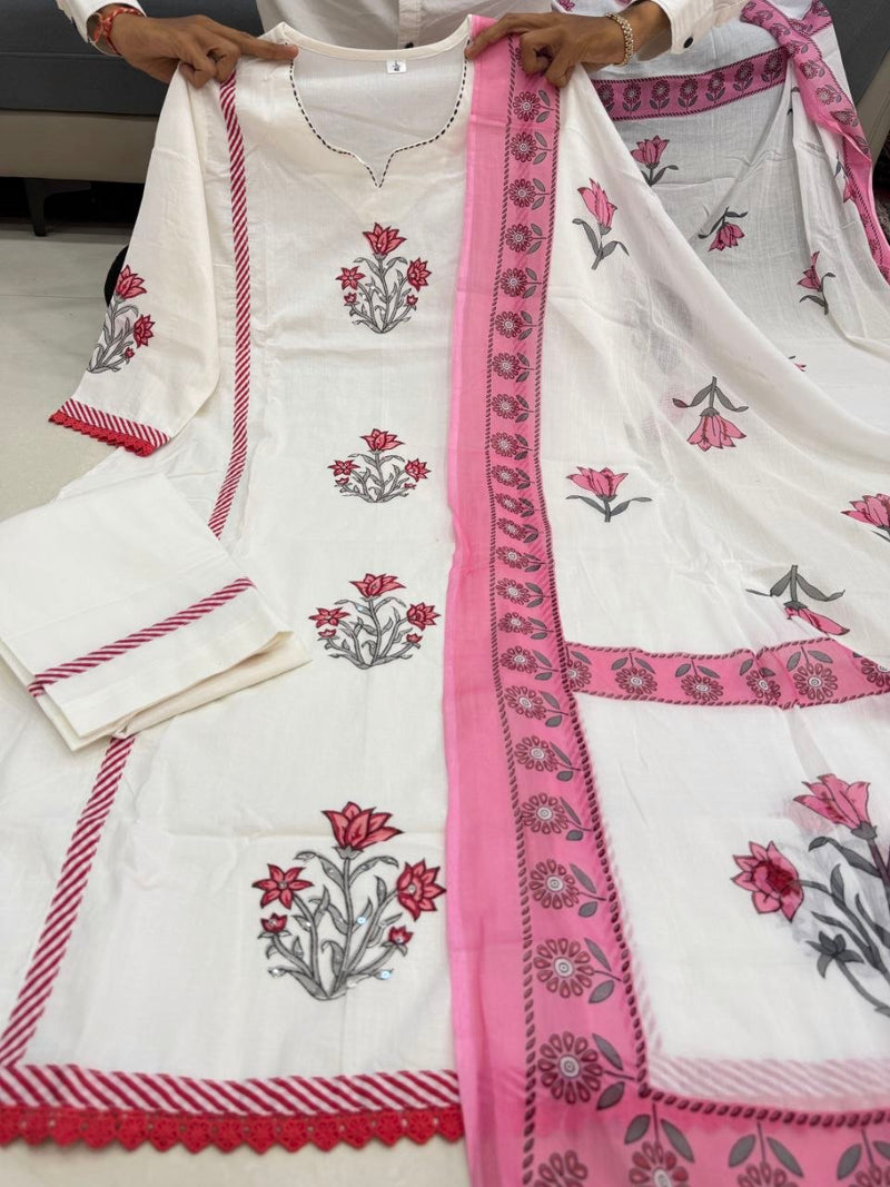 Jaipuri Off-White & Pink Floral Block Print Cotton Suit Set