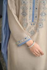 Premium Beige & Blue Embroidered Chanderi Silk Suit Set with Chinon Dupatta