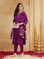 Premium Deep Purple Embroidered Viscose Rayon Suit Set with Chanderi Jacquard Dupatta