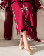 Premium Deep Maroon Geometric Embroidered Kurti & Pant Set with Dupatta