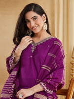 Premium Deep Purple Embroidered Viscose Rayon Suit Set with Chanderi Jacquard Dupatta