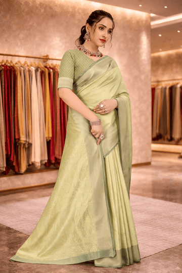Pista Green Woven Jacquard Silk Saree with Matching Blouse