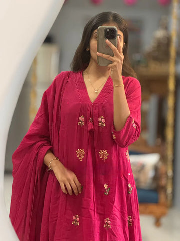 Rani Pink Embroidered Flared Kurta Suit Set with Matching Dupatta