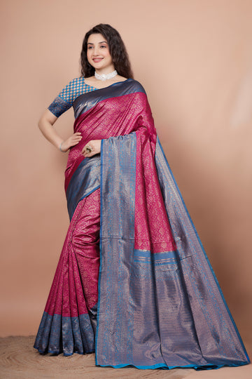 Rani Pink and Peacock Blue Woven Jacquard Silk Saree with Matching Blouse