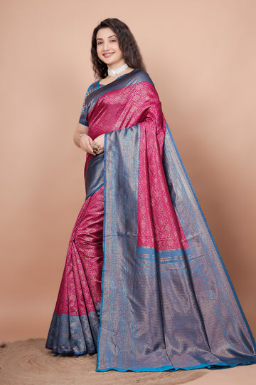 Rani Pink and Peacock Blue Woven Jacquard Silk Saree with Matching Blouse