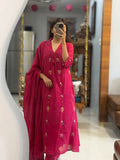 Rani Pink Embroidered Flared Kurta Suit Set with Matching Dupatta