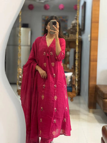 Rani Pink Embroidered Flared Kurta Suit Set with Matching Dupatta