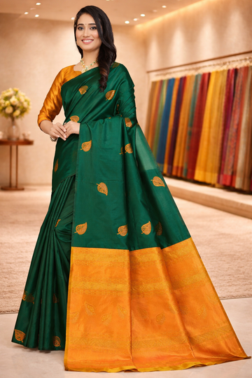 Elegant Dark Green Silk Saree with Mustard Gold Zari Border & Leaf Motifs